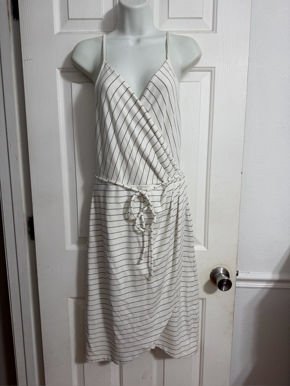 Market & Spruce Cream and Navy Striped Wrap Midi Dress M